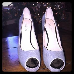 EUC Guess Silver Glitter Peep-toed heels.